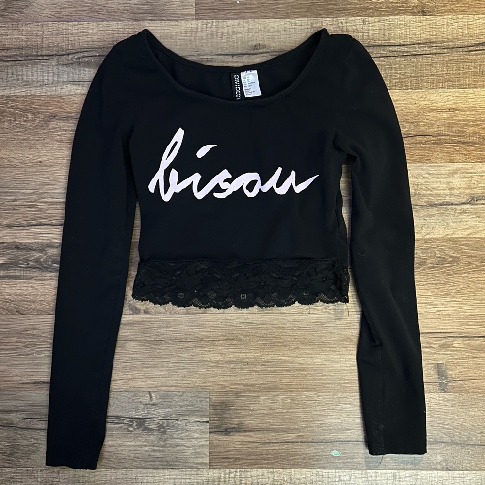 H&M Black Long Sleeve Crop Top with Lace Hem